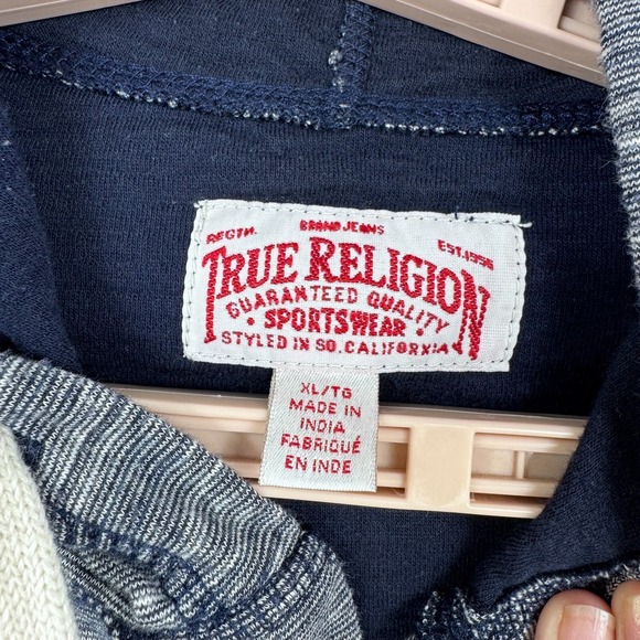 True Religion Hooded Henley Sweatshirt Men's XL Blue Long Sleeve Pullover Logo - Picture 10 of 13